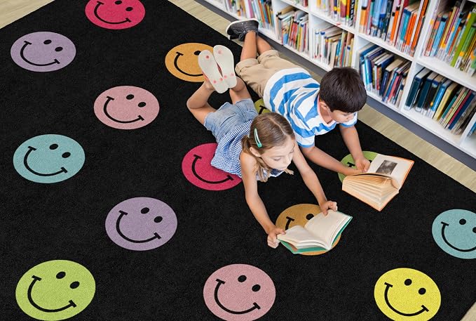 Flagship Carpets Rainbow Smileys in Black Criss-Cross Applesauce Educational - Image 2
