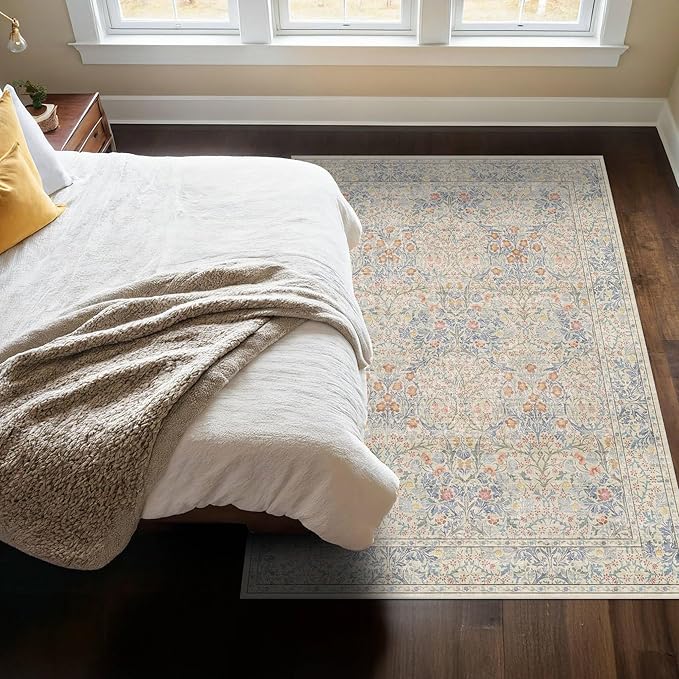 Hazo Haus Vintage Washable Beige Blue Area Rugs by HazoHaus