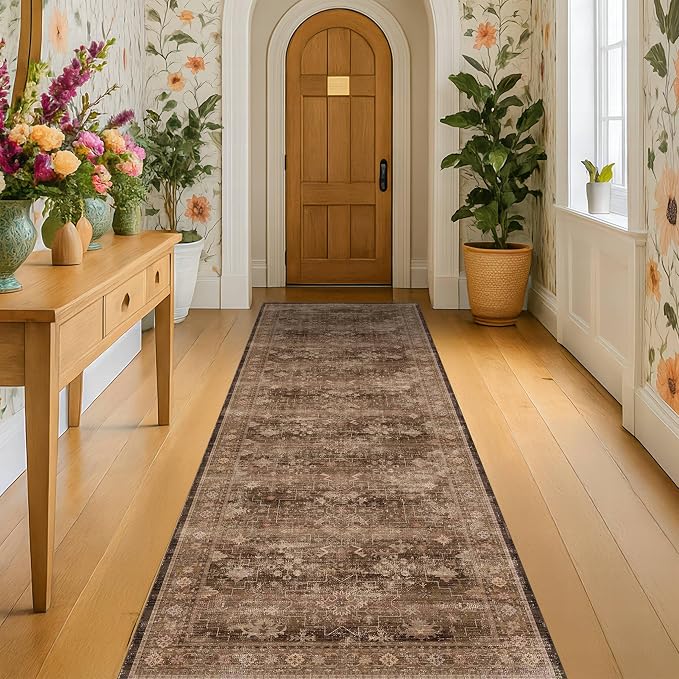 Brown Washable Long Runners for Hallways, 2x10 Wide Kitchen Runner Rug by HazoHaus