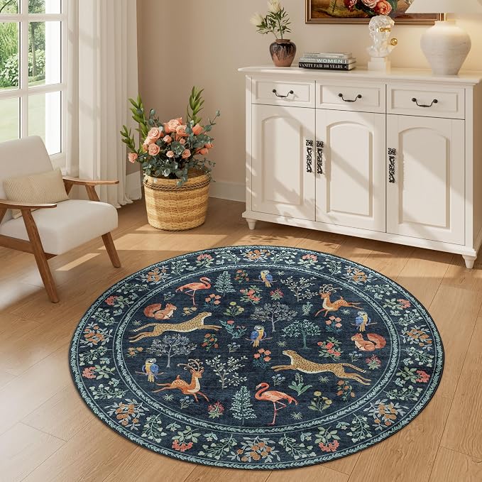 DUKINO 4ft Round Rug, Washable Round Area Rug, Non Slip Indoor Low Pile Animal - Image 4