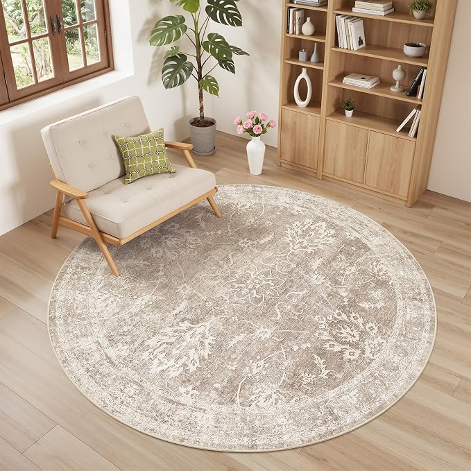 Madane Washable Round Rug 5ft for Living Room, Soft Ultra-Thin Non-Slip Vintage by Madane