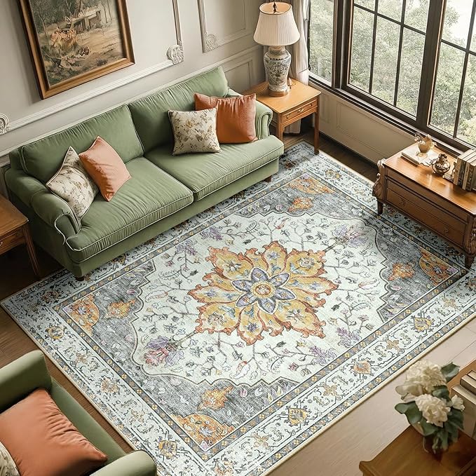 RELEANY Area Rugs 6'x9' Washable Non-Slip, Floral Vintage Distress Medallion by RELEANY