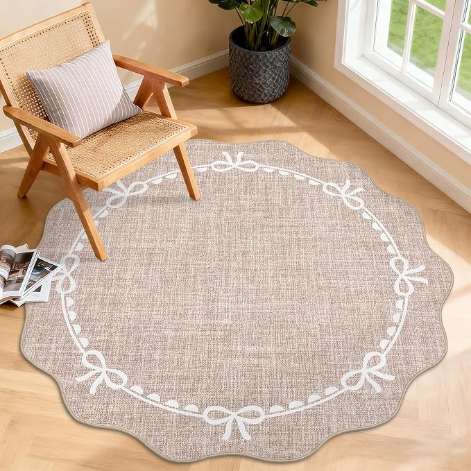 GarveeHome Scalloped Bow Rug for Living Room, 4ft Round Rugs Washable Solid by GarveeHome