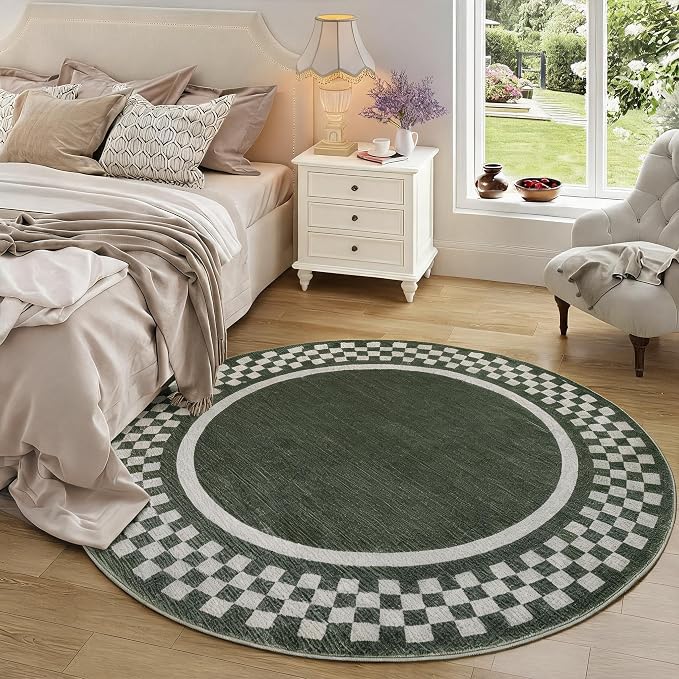 6ft Washable Round Rug for Entryway Modern Checkered Bedroom Circle Rug Non - Image 2