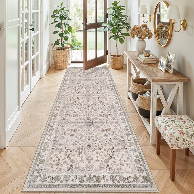 3x8 Hallway Runner Rug Washable Non-Slip – Boho Floral Soft Wide Carpet Runner by BYYVOORugsforYourHome