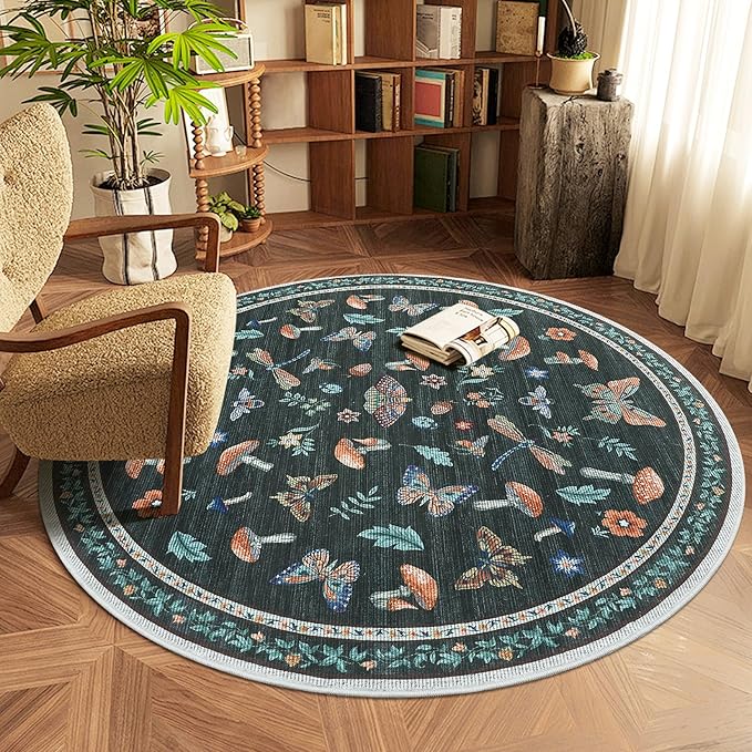 Mushroom Insect 4ft Round Rug Washable Non-Slip Soft Ultra-Thin Small Boho by ROYHOME