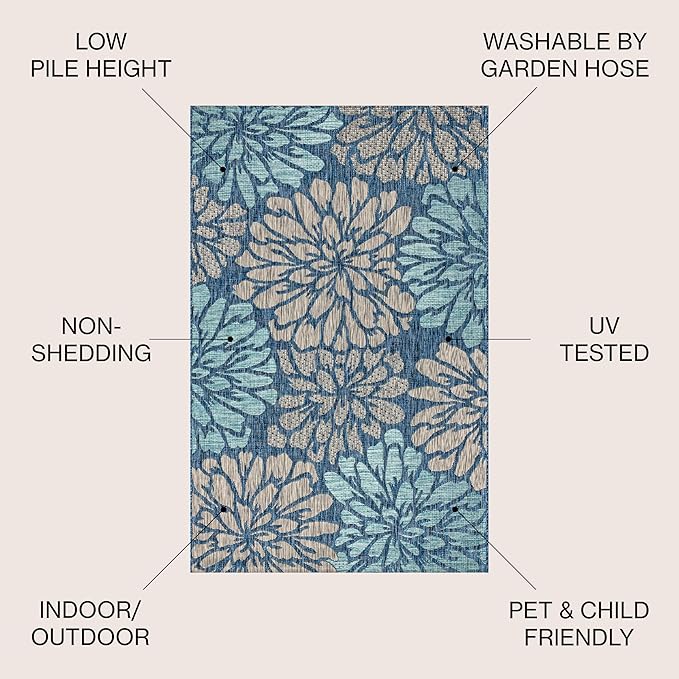JONATHAN Y Floral Textured Weave Indoor Outdoor Area Rug 8X10 Navy/Aqua - Image 2