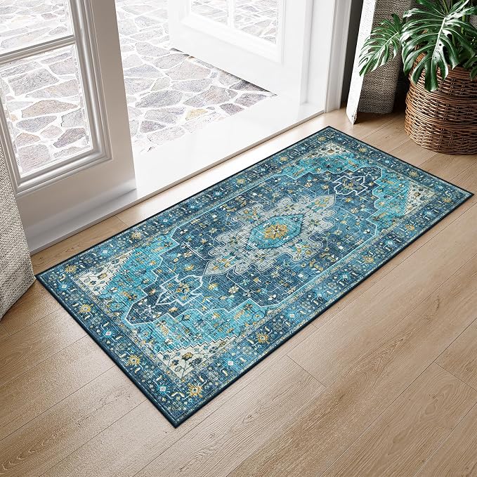 Moynesa 2x4 Teal Vintage Floral Medallion Runner Rug by Moynesa