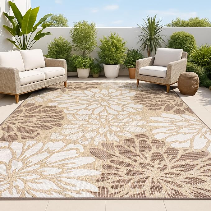 JONATHAN Y Floral Textured Weave Indoor Outdoor Area Rug 4X6 Brown/Cream by JONATHANY