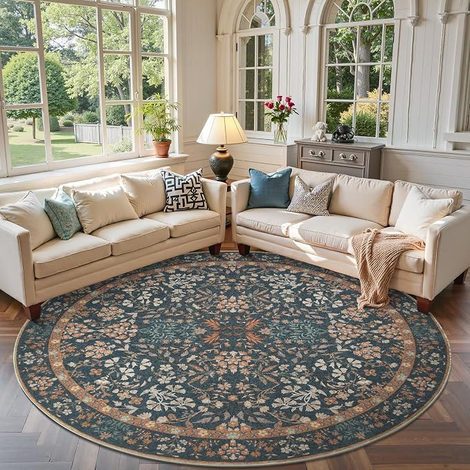 jinchan Zenith Round Rug 7ft Area Rug Soft 7'Round Vintage Floral Rug Non-Slip by JINCHAN