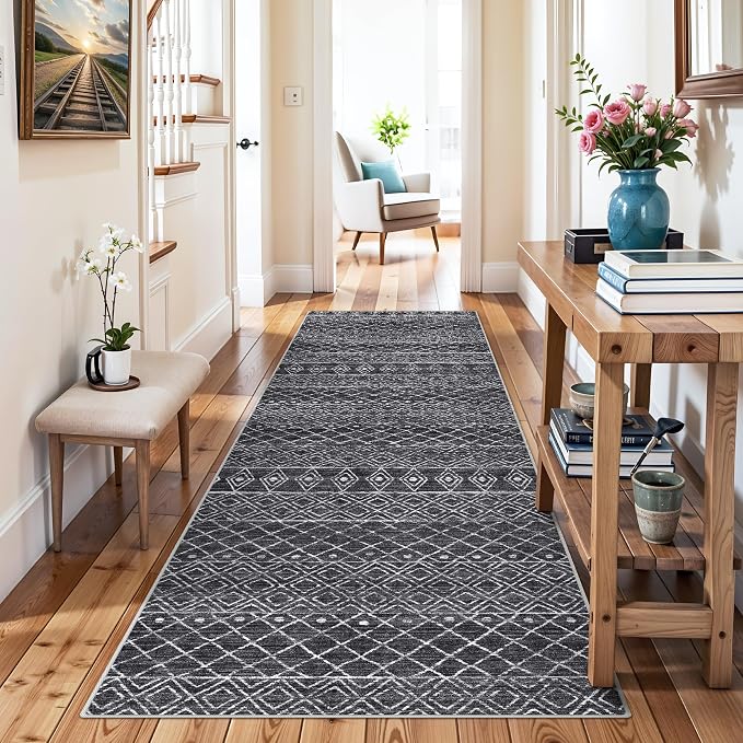 Black Moroccan 2x8 Hallway Runner Rug | Washable Non Slip Mat, Soft Stain - Image 2