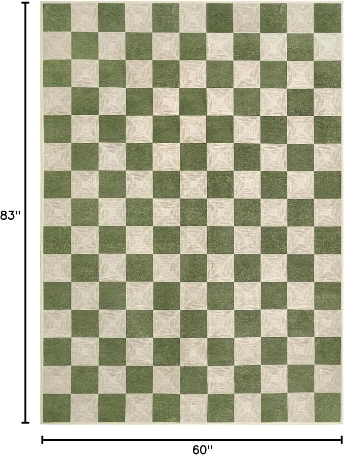 Washable Green Checkered Rug 5x7, Non-Slip Low Pile Area Rug - Image 2