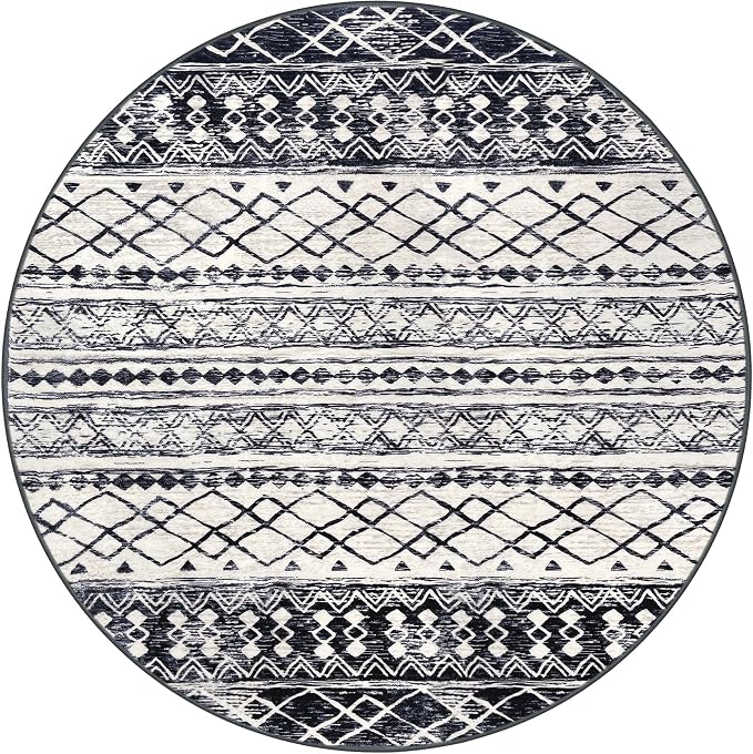 KUTA Washable Rugs Round 5Ft Black Navy Blue Boho Area Rug - Image 8
