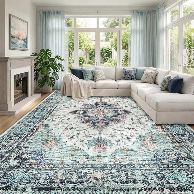 RELEANY Area Rugs Large 10'x14' Washable Non-Slip, Floral Vintage Distress by RELEANY