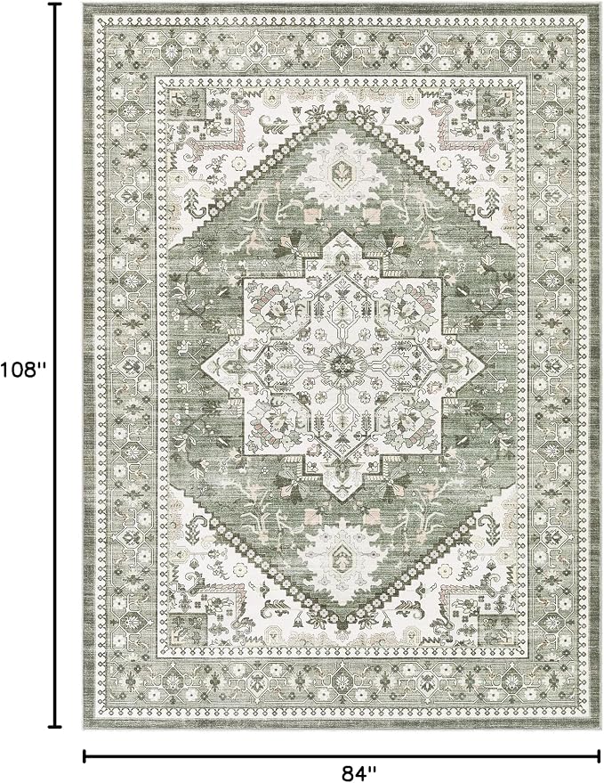 7x9 Vintage Area Rug: Washable Neutral Soft Non Slip Thin Large Floor Carpet - Image 2