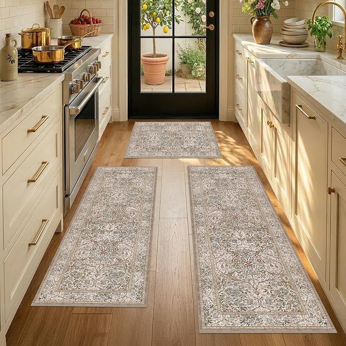 JTJ Washable Kitchen Rug Set of 3, Non-Slip Low Pile Mats in Calming Neutral by JTJ