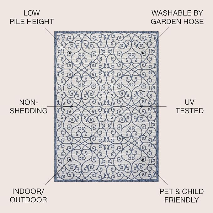 JONATHAN Y Vintage Filigree Indoor Outdoor Area Rug 8X10 Blue/Cream, Madrid - Image 2