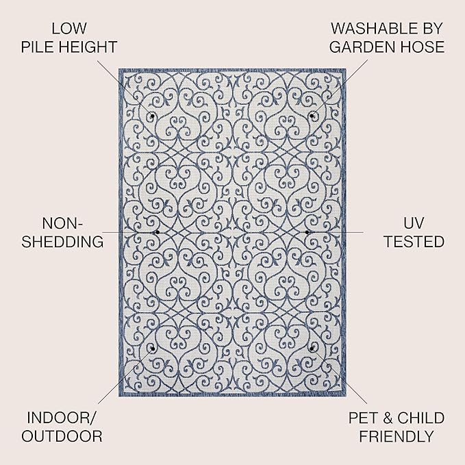 JONATHAN Y Vintage Filigree Indoor Outdoor Area Rug 9X12 Blue/Cream, Madrid - Image 2