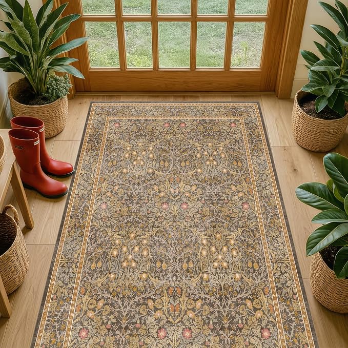Vintage Brown 3x6 Area Rugs for Large Entryway, Bedroom Beside Rug, Laundry Room by HazoHaus