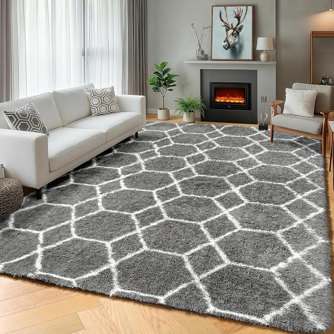 ONASAR 7x9 Area Rugs for Living Room Bedroom, Large Fluffy Grey and White Throw - Image 7