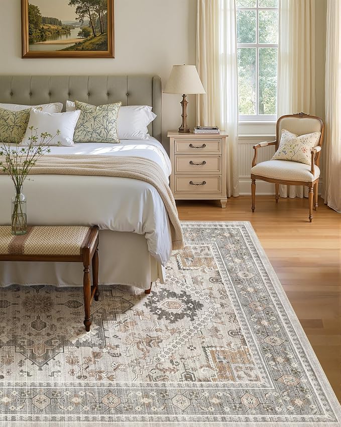 10x12 Vintage Area Rug: Washable Neutral Soft Non Slip Thin Large Floor Carpet - Image 3