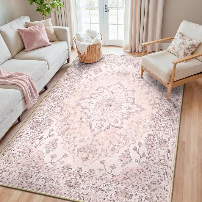 RELEANY Area Rugs 5'x8' Washable Non-Slip, Floral Vintage Distress Medallion by RELEANY