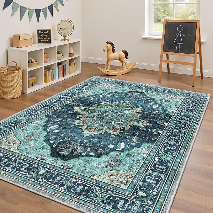 RELEANY Area Rugs 4'x6' Washable Non-Slip, Floral Vintage Distress Medallion - Image 3