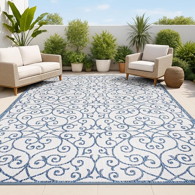 JONATHAN Y Vintage Filigree Indoor Outdoor Area Rug 9X12 Blue/Cream, Madrid by JONATHANY