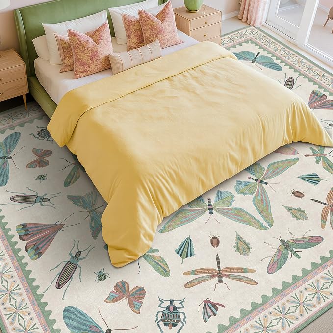 Green Butterfly Area Rug 9x12 for Living Room, Washable Floral Rug for Girls - Image 3