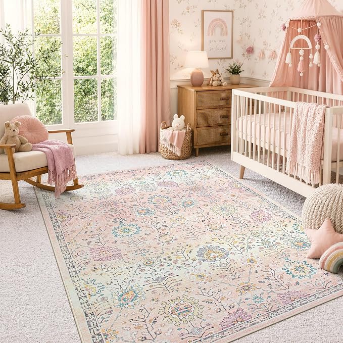 Lahome Pink Rug for Girls Bedroom 5x7, Soft Washable Floral Area Rug, Boho Non - Image 6