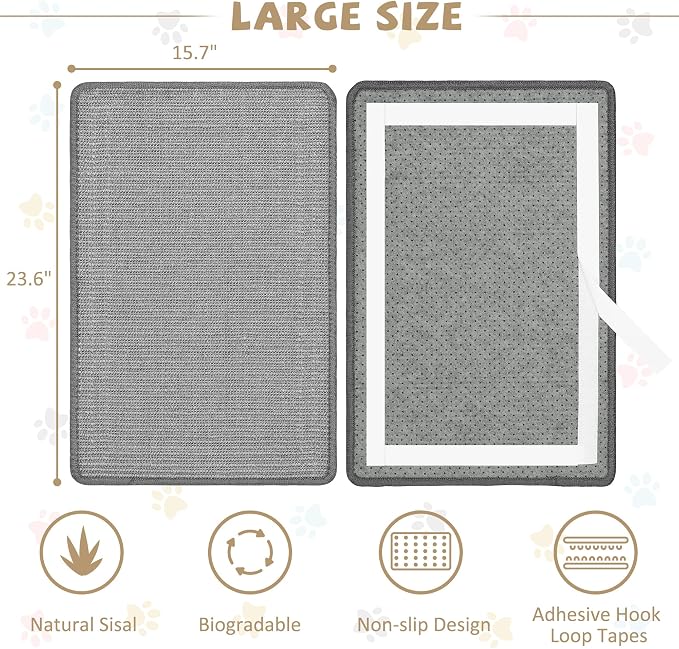 Graciadeco Gray Cat Scratching Mat Sisal, 2 Packs Sisal Fabric Large Cat - Image 2