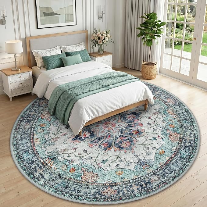 RELEANY Area Rugs Round 10ft Washable Non-Slip, Floral Vintage Distress - Image 2
