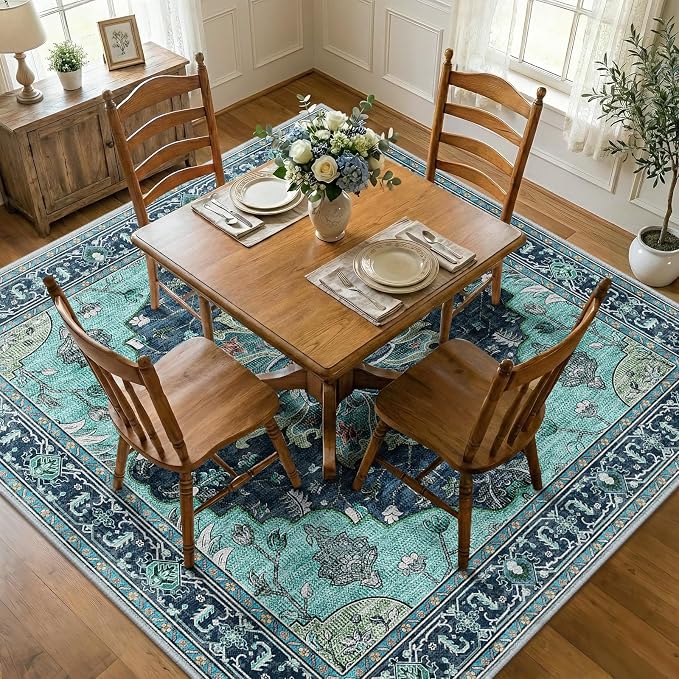 RELEANY Area Rugs Square 7ft Washable Non-Slip, Floral Vintage Distress by RELEANY