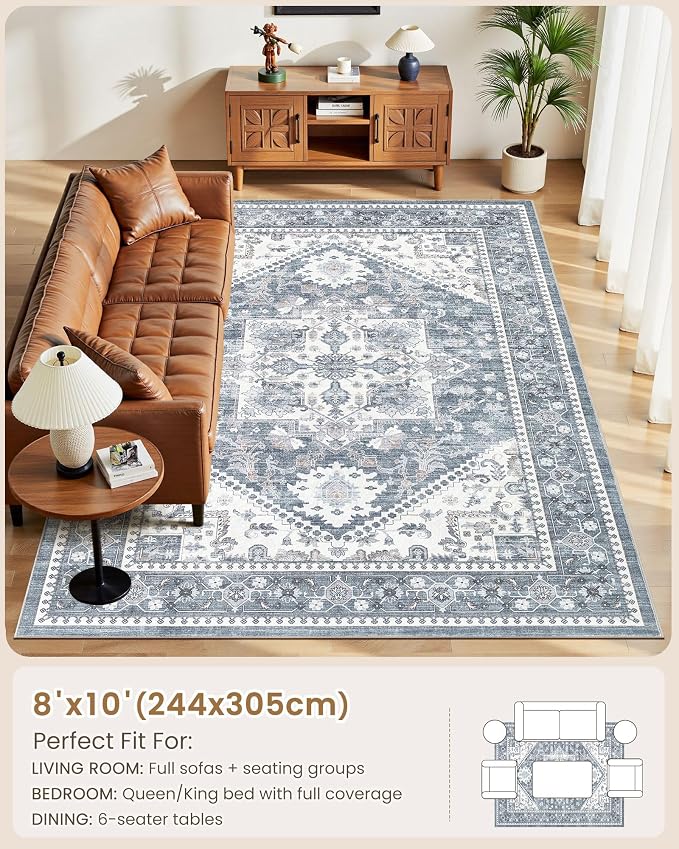 8x10 Vintage Area Rug: Washable Neutral Soft Non Slip Thin Large Floor Carpet - Image 8