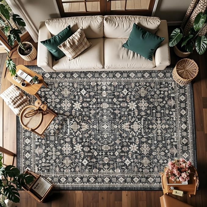 Washable 4x6 Entryway Rug Dark Grey, Non-Slip Low Pile Geometric Area Rug by WelcometoBabovid