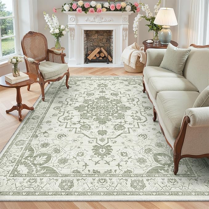 Madane 6x9 Area Rugs for Living Room, Machine Washable Vintage Green Rug by Madane