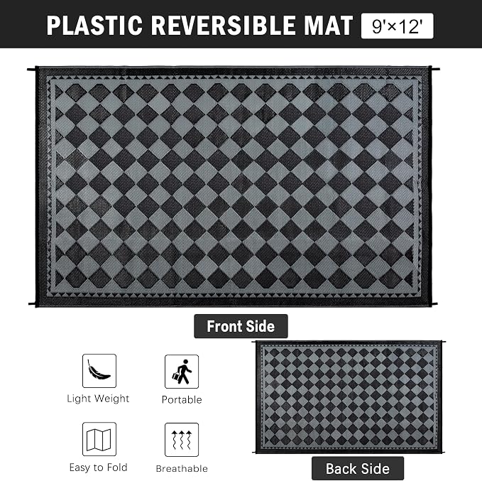 HUGEAR Outdoor Waterproof Rug 9'x12' Plastic Straw Rugs Washable Reversible - Image 2