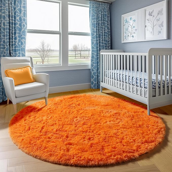 ONASAR Orange Round Rugs 5ft for Bedroom Living Room, Fluffy Circle Area Rug - Image 7