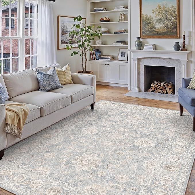 8x10 Blue Cream Washable Area Rug - Image 3