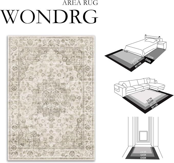 8x10 Washable Neutral Area Rug Taupe Vintage Living Room Bedroom Carpet - Image 2
