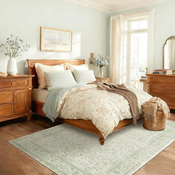 Sage Green Area Rug for Bedroom Neutral Boho Farmhouse Floral Distressed Design - Image 9