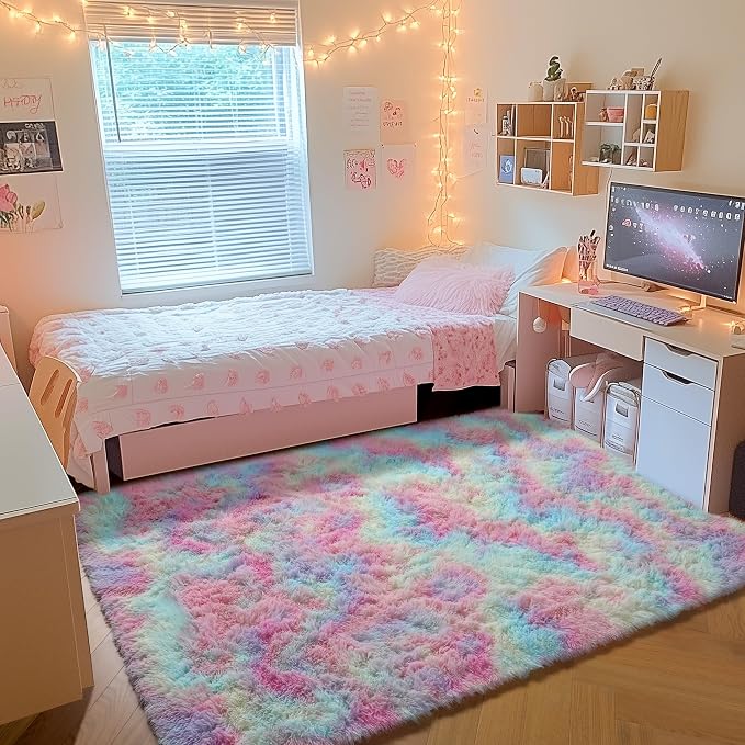 ONASAR Rainbow Area Rugs for Girls Bedroom, 4x6 Fluffy Bedside Colorful Rug - Image 3