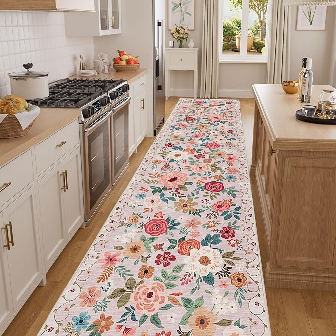 DUKINO 2.6x14 Kitchen Runner Rug, Lightweight Floral Washable Rug - Image 6