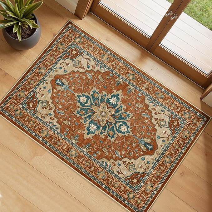 RELEANY Area Rugs Small 2'x4' Washable Non-Slip, Floral Vintage Distress by RELEANY