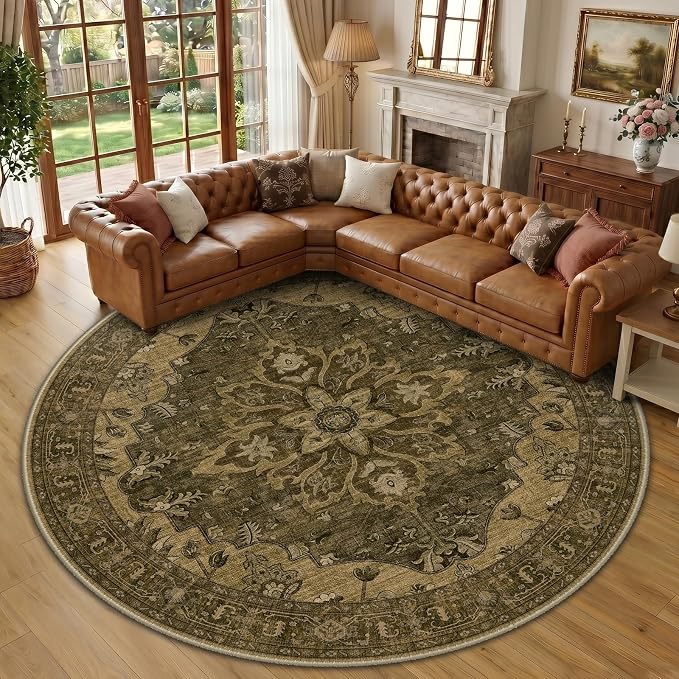 RELEANY Area Rugs Round 10ft Washable Non-Slip, Floral Vintage Distress by RELEANY