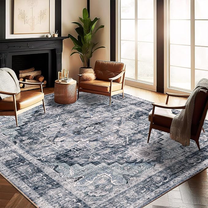 CHAMPLANT Washable Area Rug 8'x10' Dark Blue Retro Boho Design Non-Shedding by CHAMPLANT