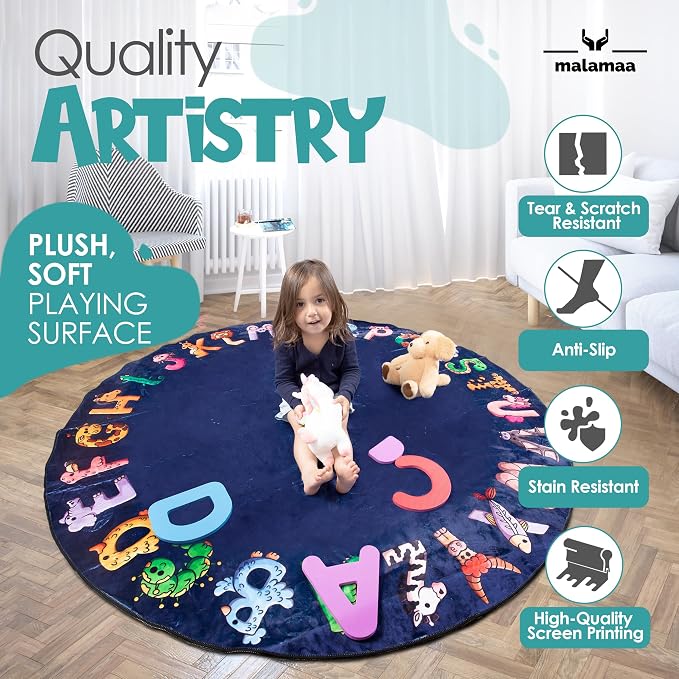ABC Alphabet Rug for Kids – 6 ft Round Blue Play Mat for Toddlers & Babies - Image 7