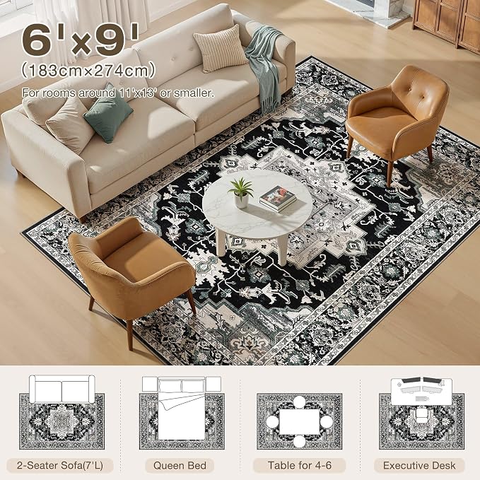 6x9 Area Rugs Living Room: Washable Vintage Rug Large Non-Slip Stain Resistant - Image 9