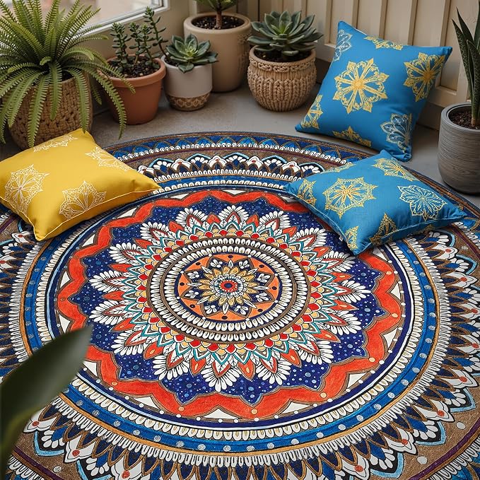 jinchan Mandala Round Rug 6ft Blue Rustic Boho Washable Rug Tribal 6' Round - Image 3