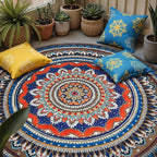 jinchan Mandala Round Rug 6ft Blue Rustic Boho Washable Rug Tribal 6' Round - Image 3